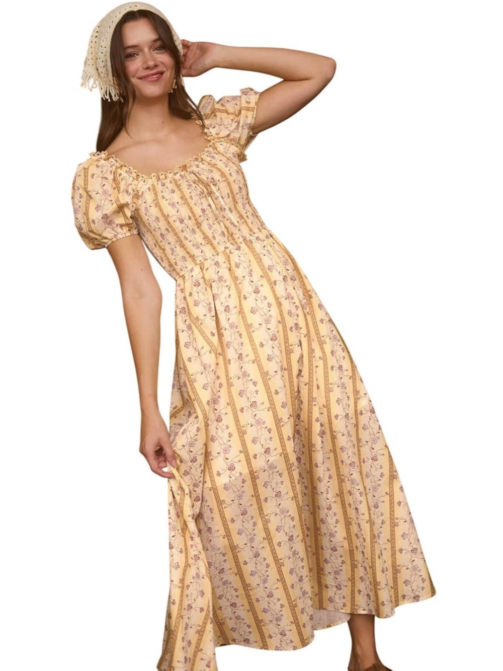 Blu Pepper Floral Stripe Pattern Smocked Midi Dress in Yellow Size Medium